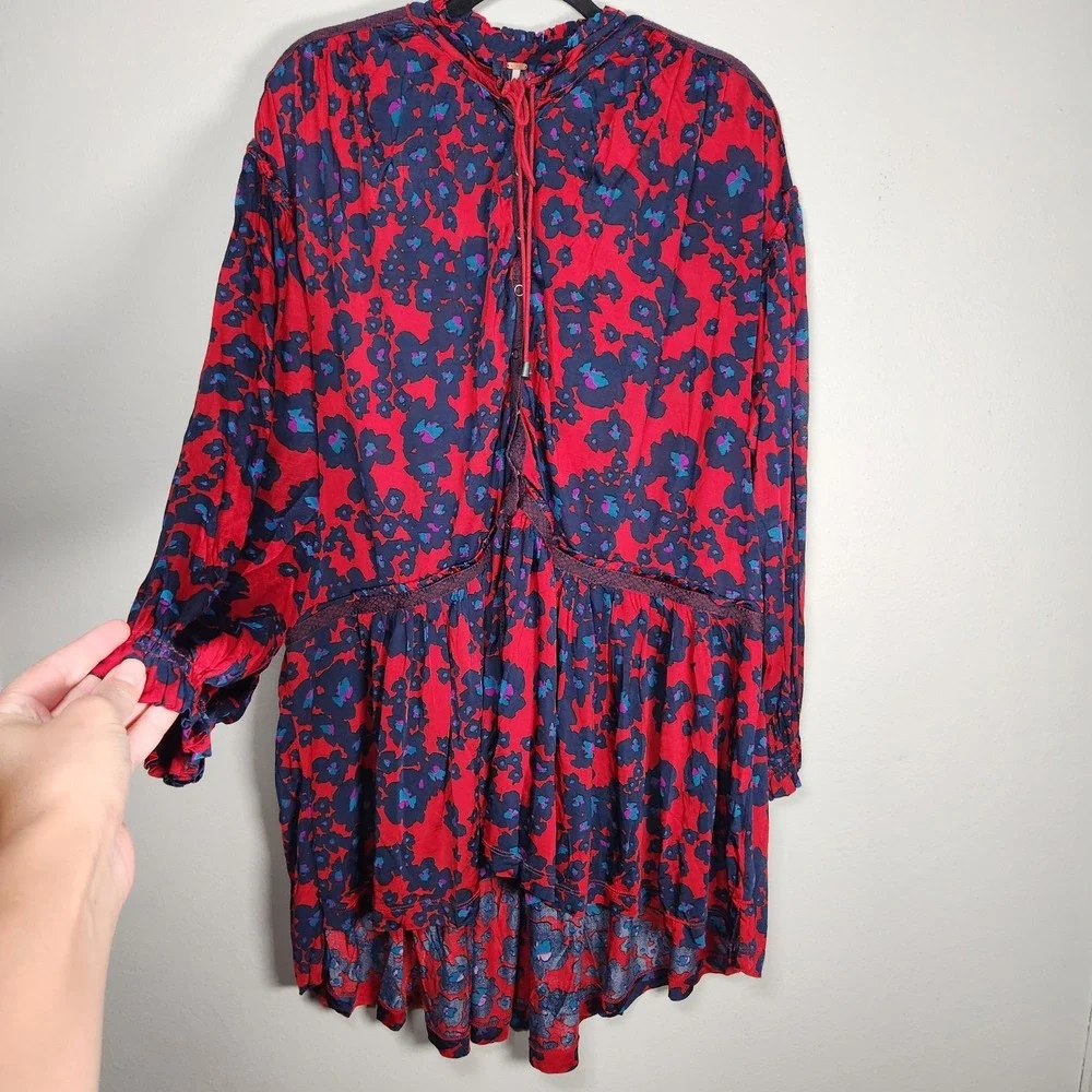 Free People Womens Small Love Letter Boho Floral Tunic Mini Dress Red Ruffle